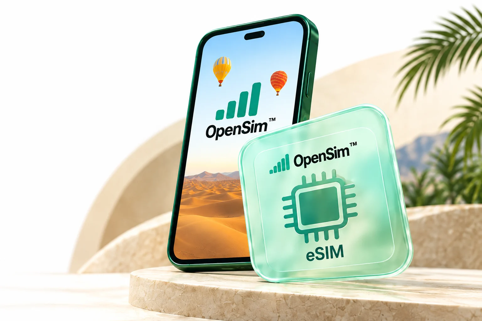 OpenSim phone with signal bars and hot-air balloons above desert dunes